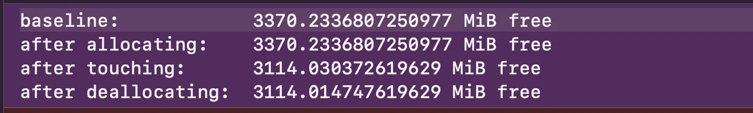 Console output from an iPhone 16 Pro showing 3370.2 MiB available at baseline and after allocation, then about 3114.0 MiB after touching the pages and immediately after deallocation