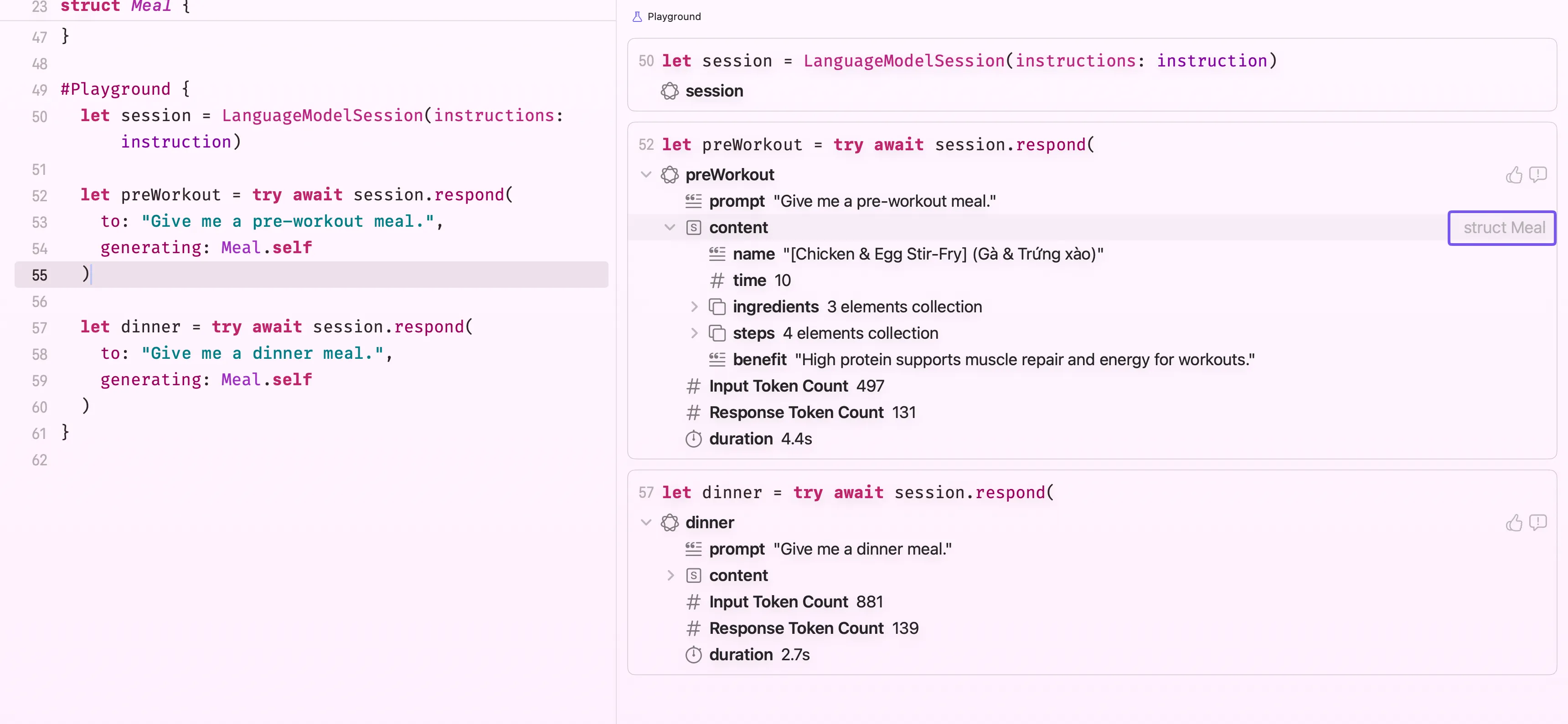 Guided output returning a typed Meal struct